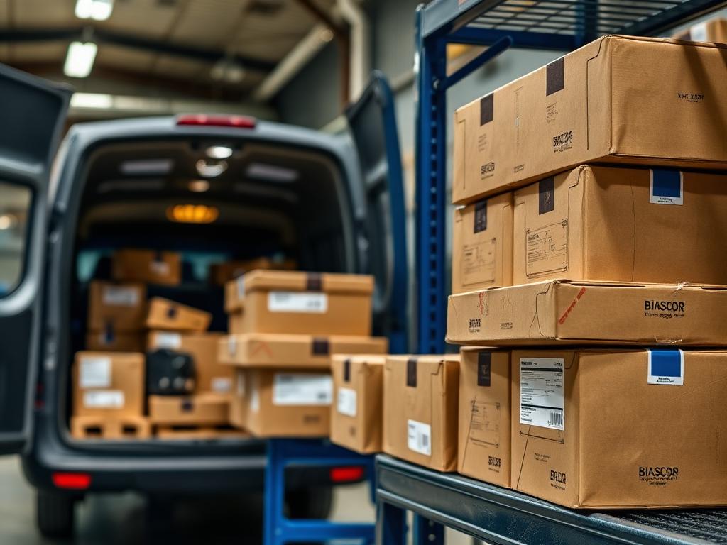 Automotive parts staged next to a cargo van